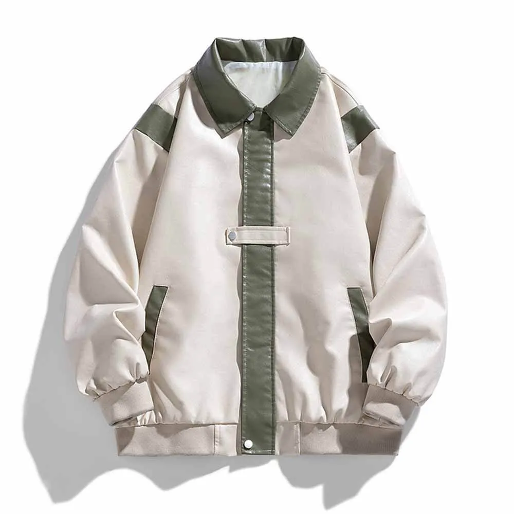 Colorblock Cropped Lapel Biker Leather Jacket Coat