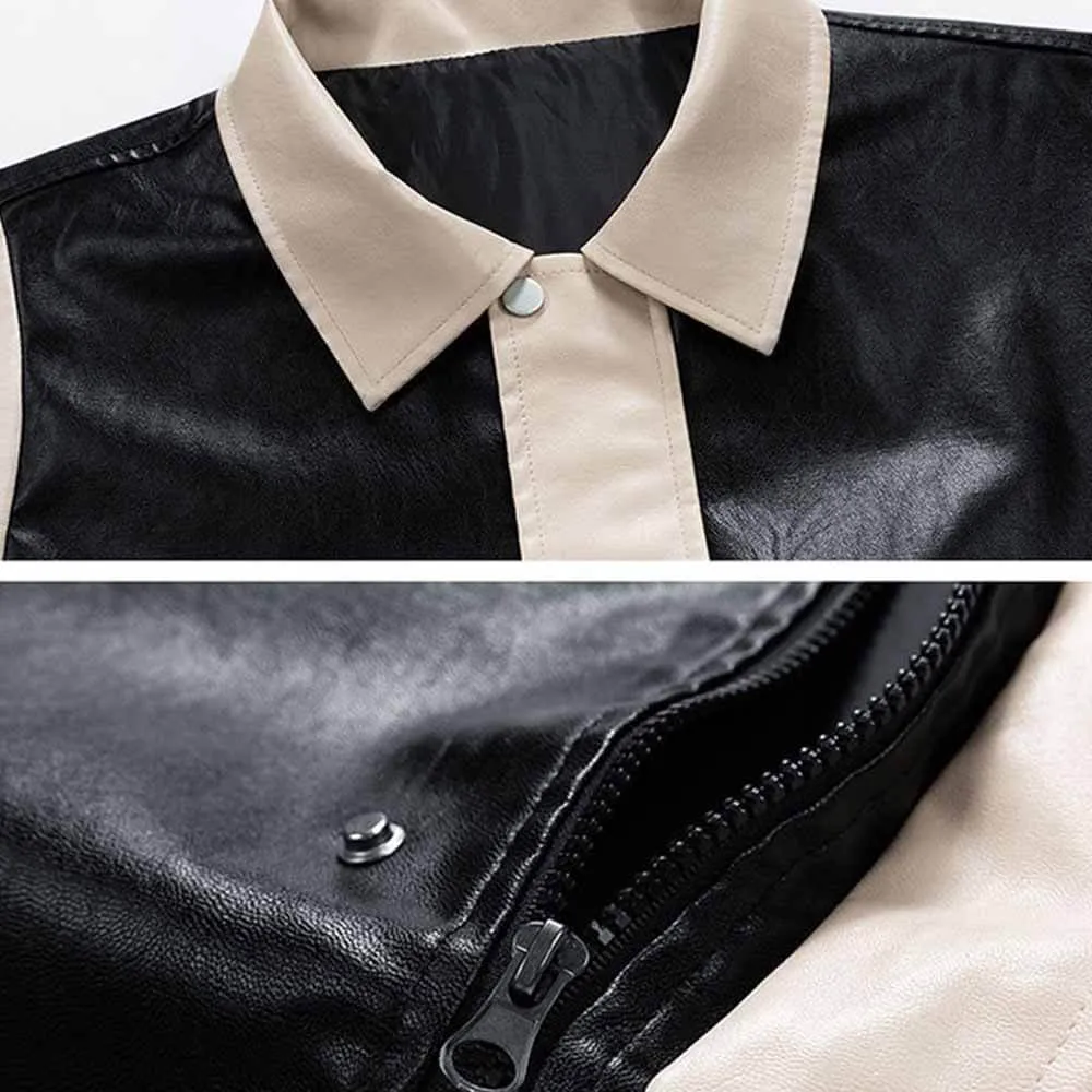 Colorblock Cropped Lapel Biker Leather Jacket Coat