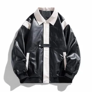 Colorblock Cropped Lapel Biker Leather Jacket Coat