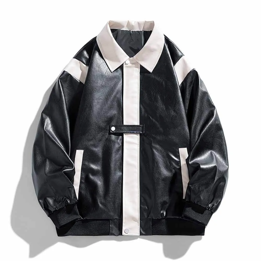 Colorblock Cropped Lapel Biker Leather Jacket Coat