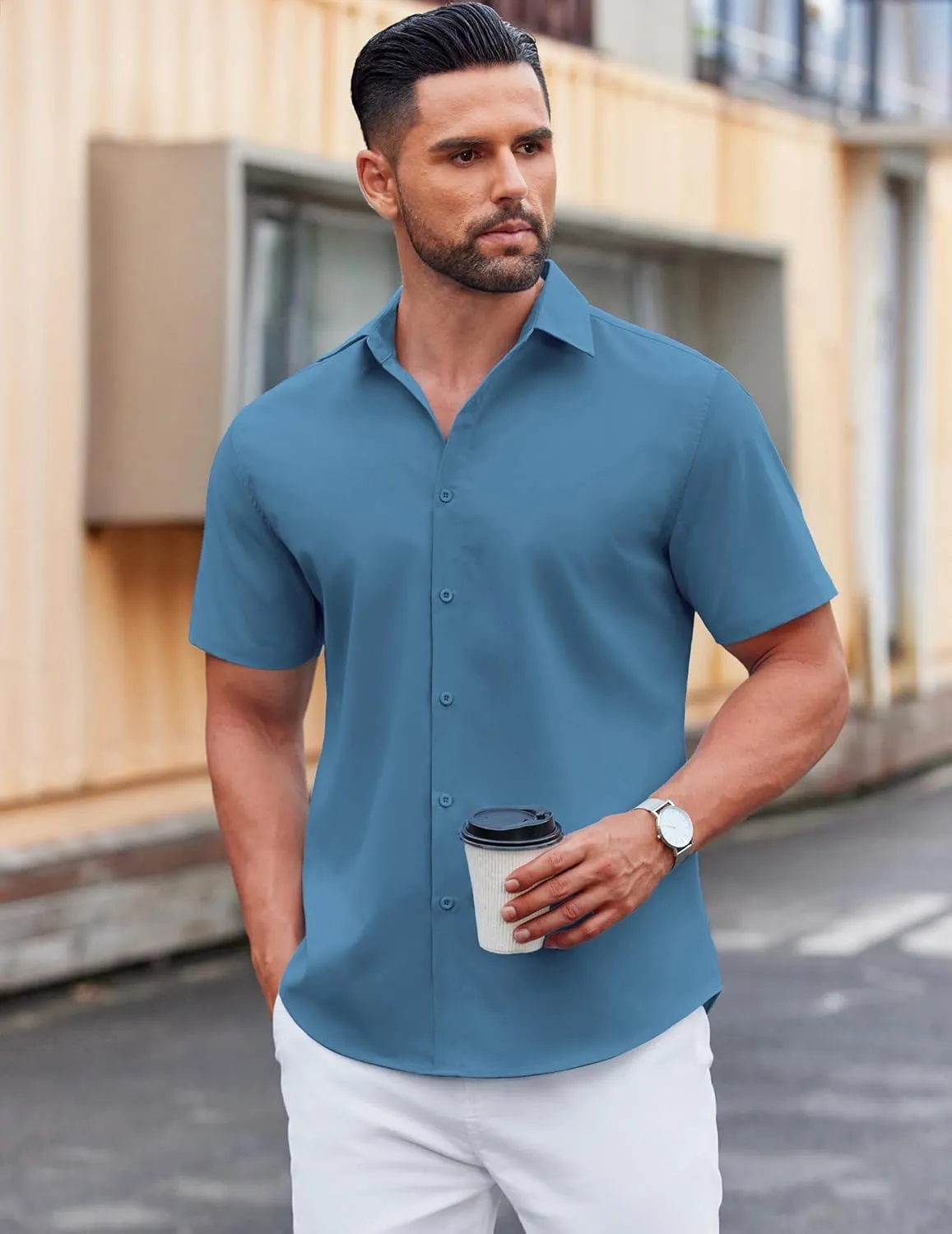 COOFANDY Men's Casual Short Sleeve Button Down Shirts Untucked Dress Shirts Wrinkle Free Summer Wedding Shirts Solid