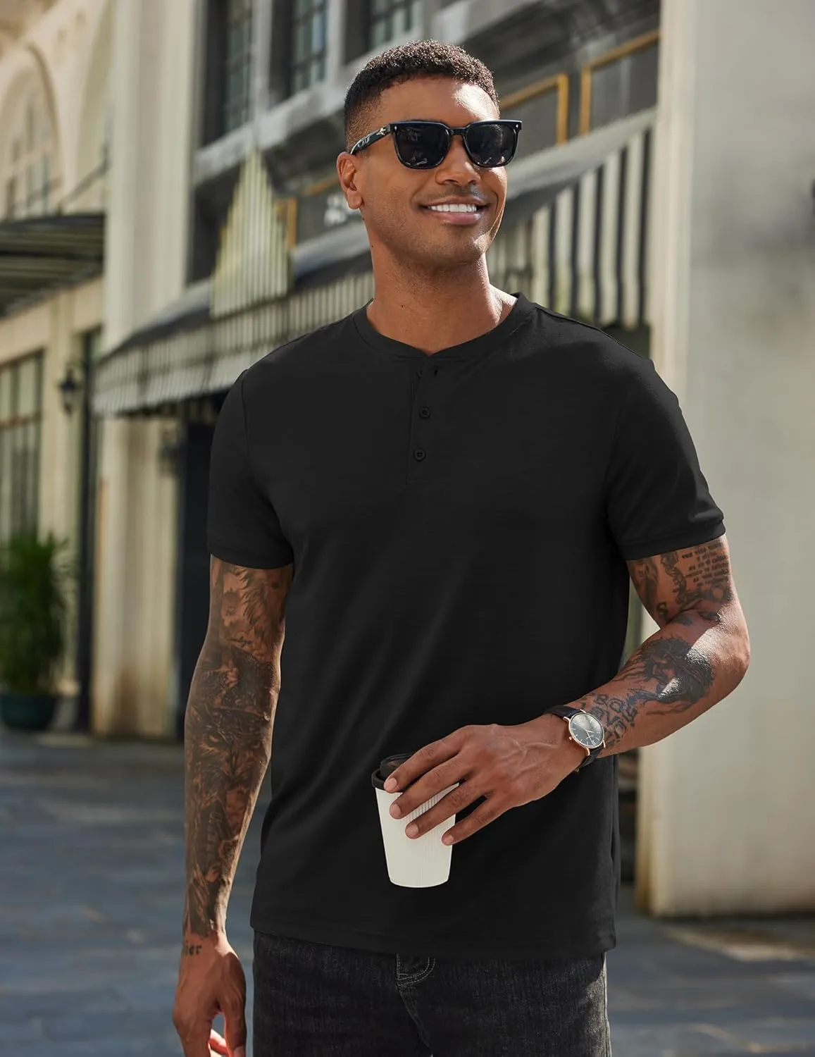 COOFANDY Men's Henley Shirts Cotton Short Sleeve Casual T-Shirt Button Henley Basic Tee Lightweight Summer Top