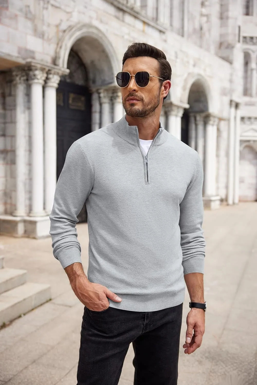 COOFANDY Men's Quarter Zip Up Sweaters Slim Fit Casual Long Sleeve Knitted Mock Neck Pullover Sweaters