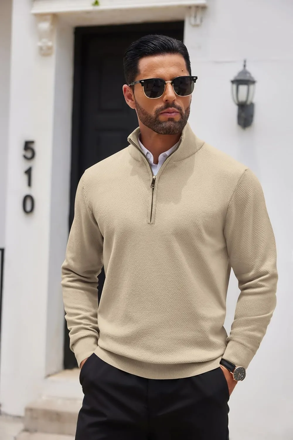 COOFANDY Men's Quarter Zip Up Sweaters Slim Fit Casual Long Sleeve Knitted Mock Neck Pullover Sweaters