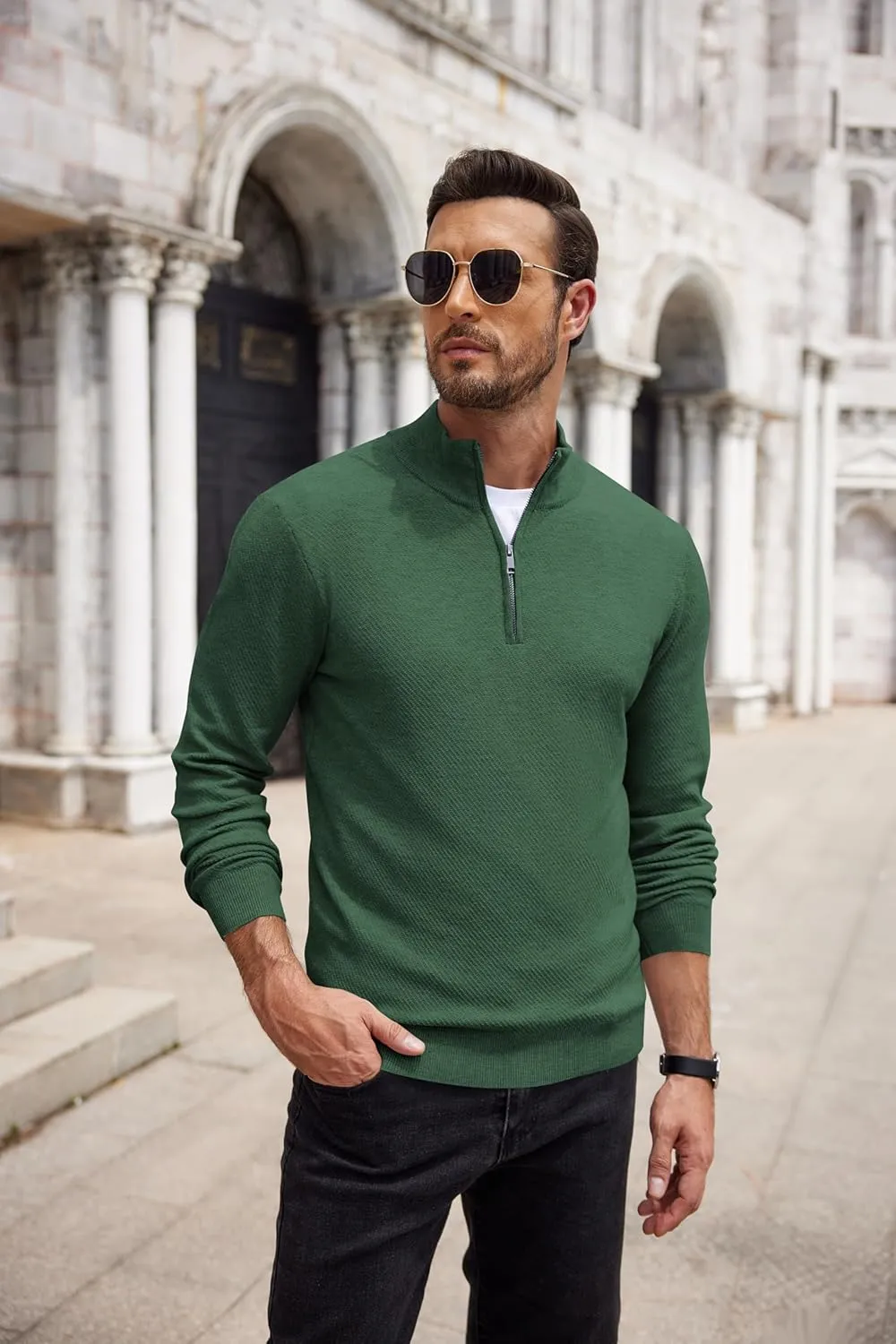 COOFANDY Men's Quarter Zip Up Sweaters Slim Fit Casual Long Sleeve Knitted Mock Neck Pullover Sweaters