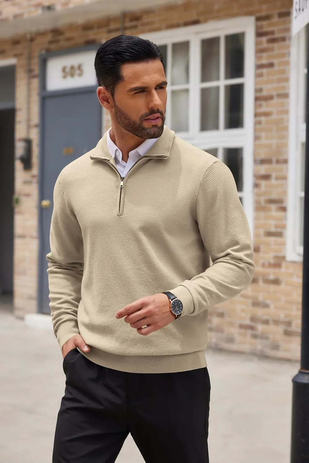 COOFANDY Men's Quarter Zip Up Sweaters Slim Fit Casual Long Sleeve Knitted Mock Neck Pullover Sweaters