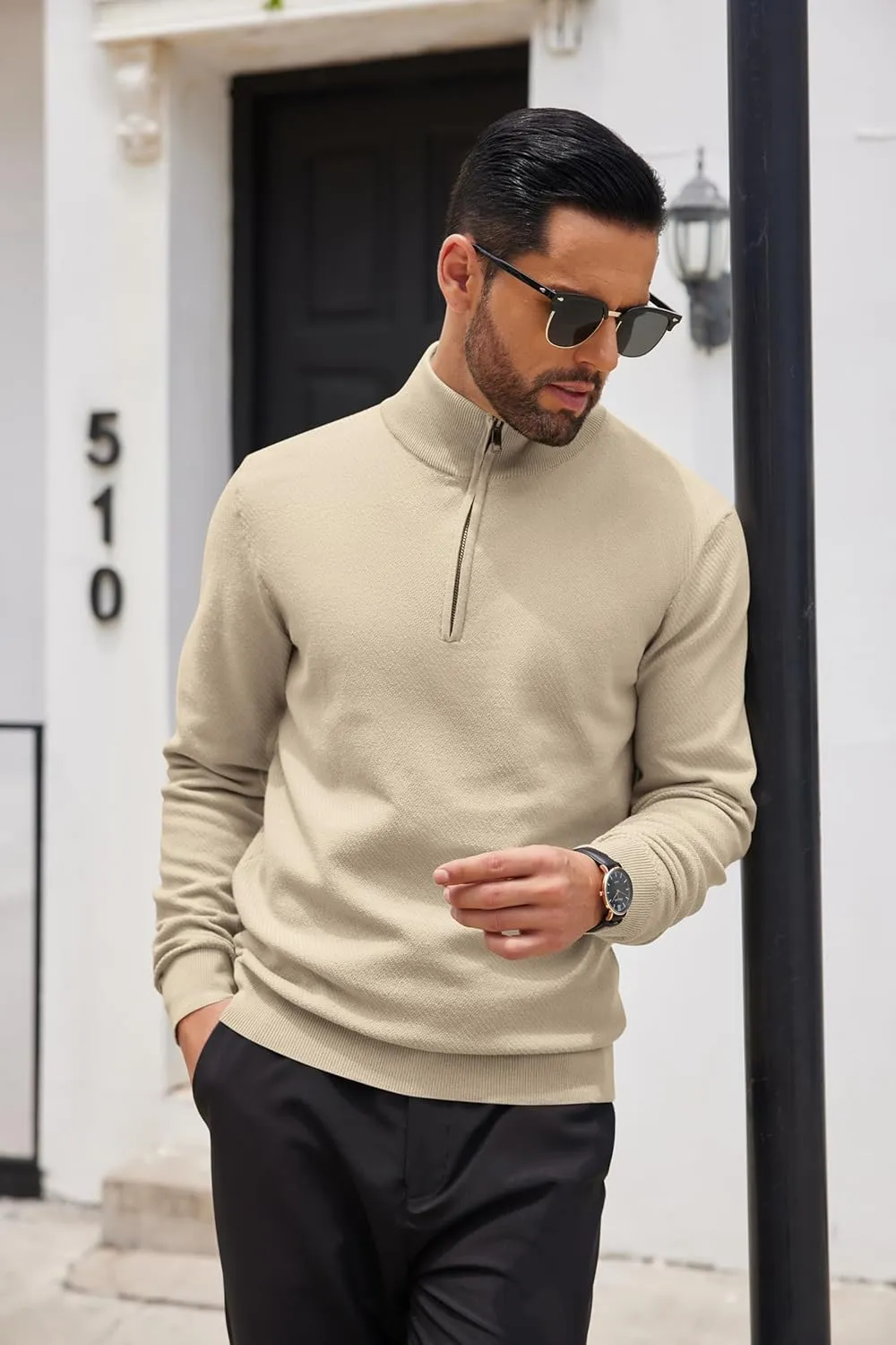 COOFANDY Men's Quarter Zip Up Sweaters Slim Fit Casual Long Sleeve Knitted Mock Neck Pullover Sweaters