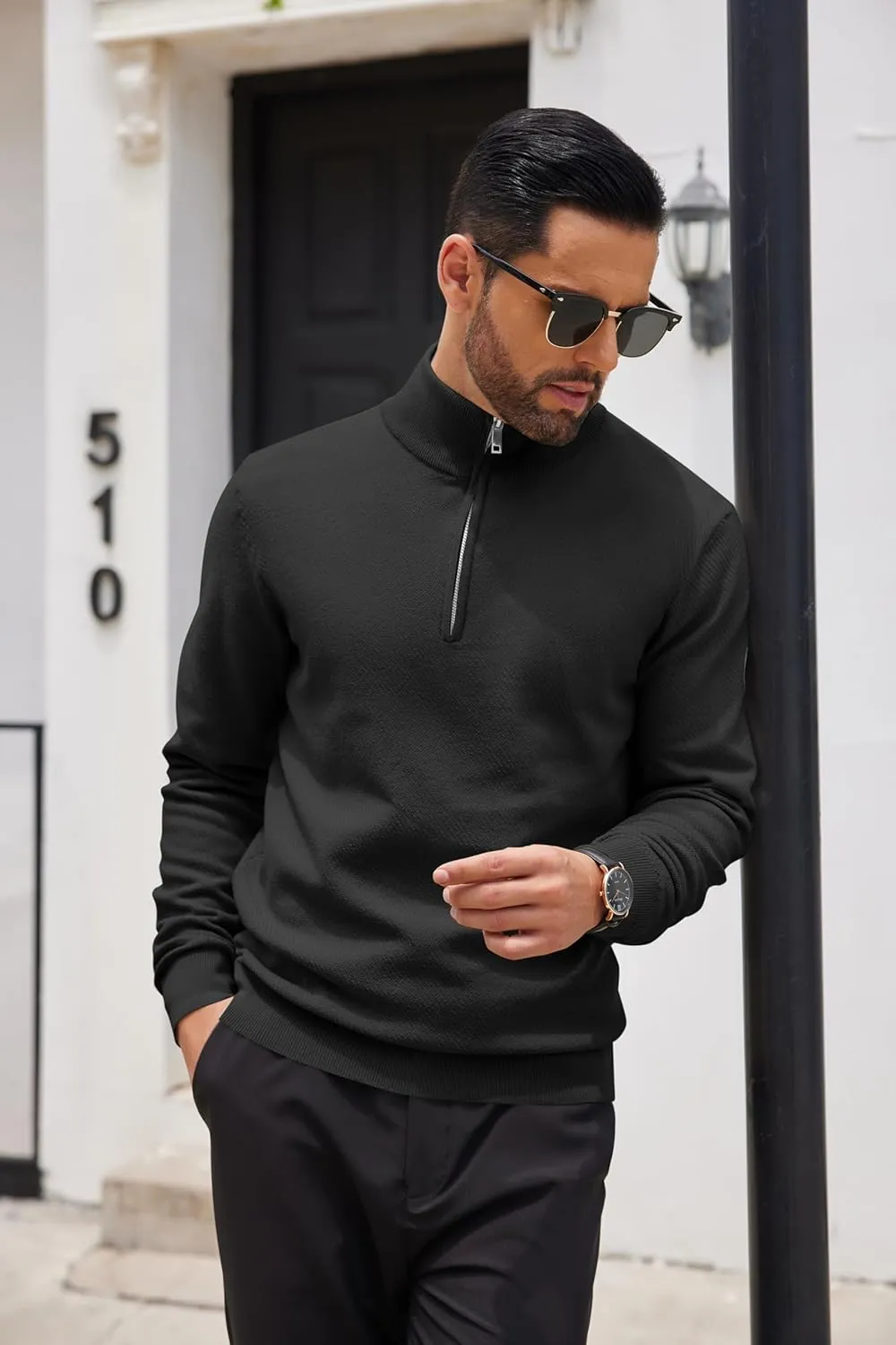 COOFANDY Men's Quarter Zip Up Sweaters Slim Fit Casual Long Sleeve Knitted Mock Neck Pullover Sweaters