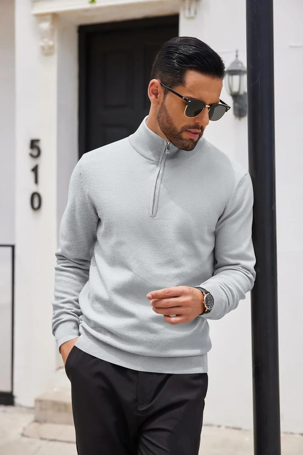 COOFANDY Men's Quarter Zip Up Sweaters Slim Fit Casual Long Sleeve Knitted Mock Neck Pullover Sweaters