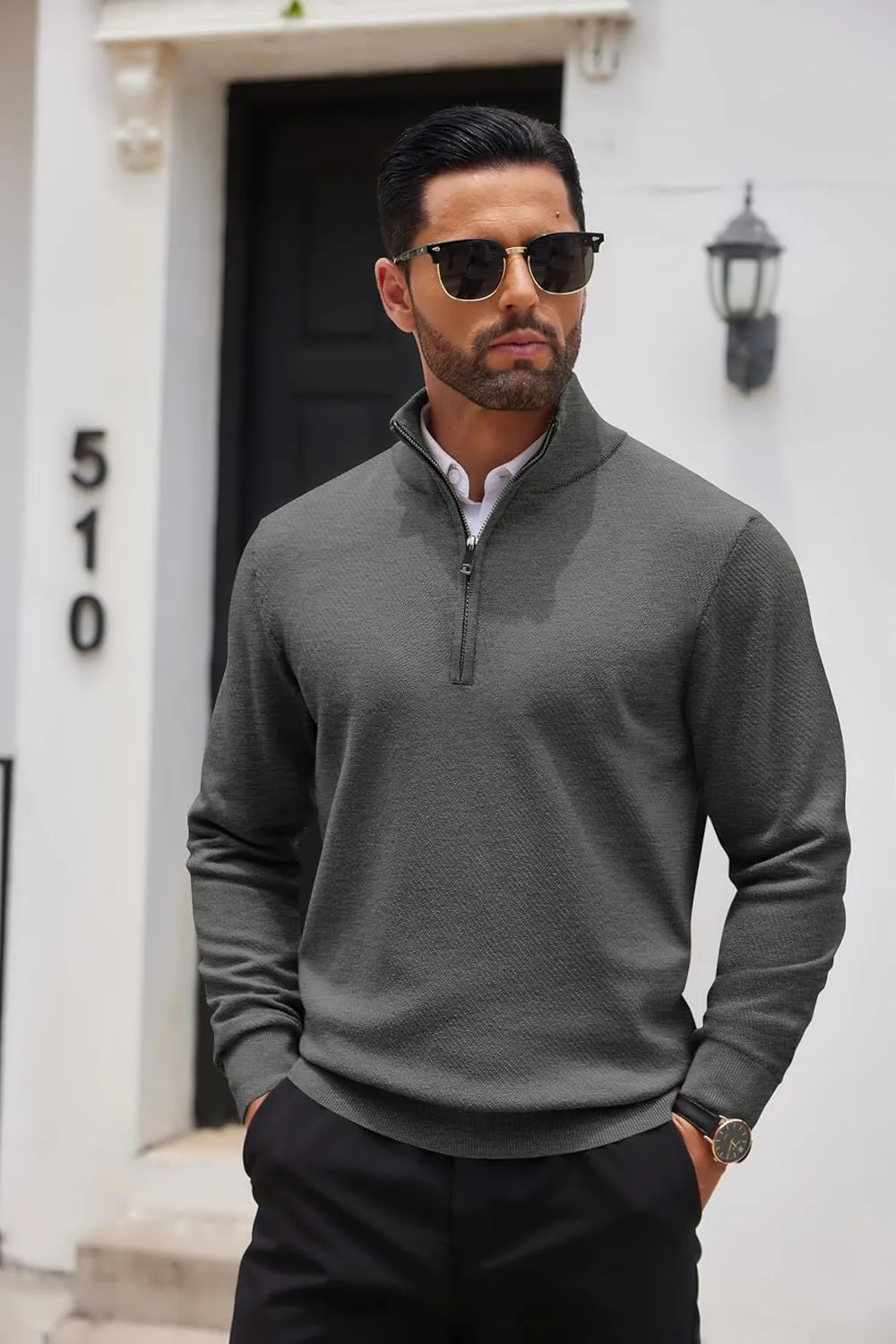 COOFANDY Men's Quarter Zip Up Sweaters Slim Fit Casual Long Sleeve Knitted Mock Neck Pullover Sweaters