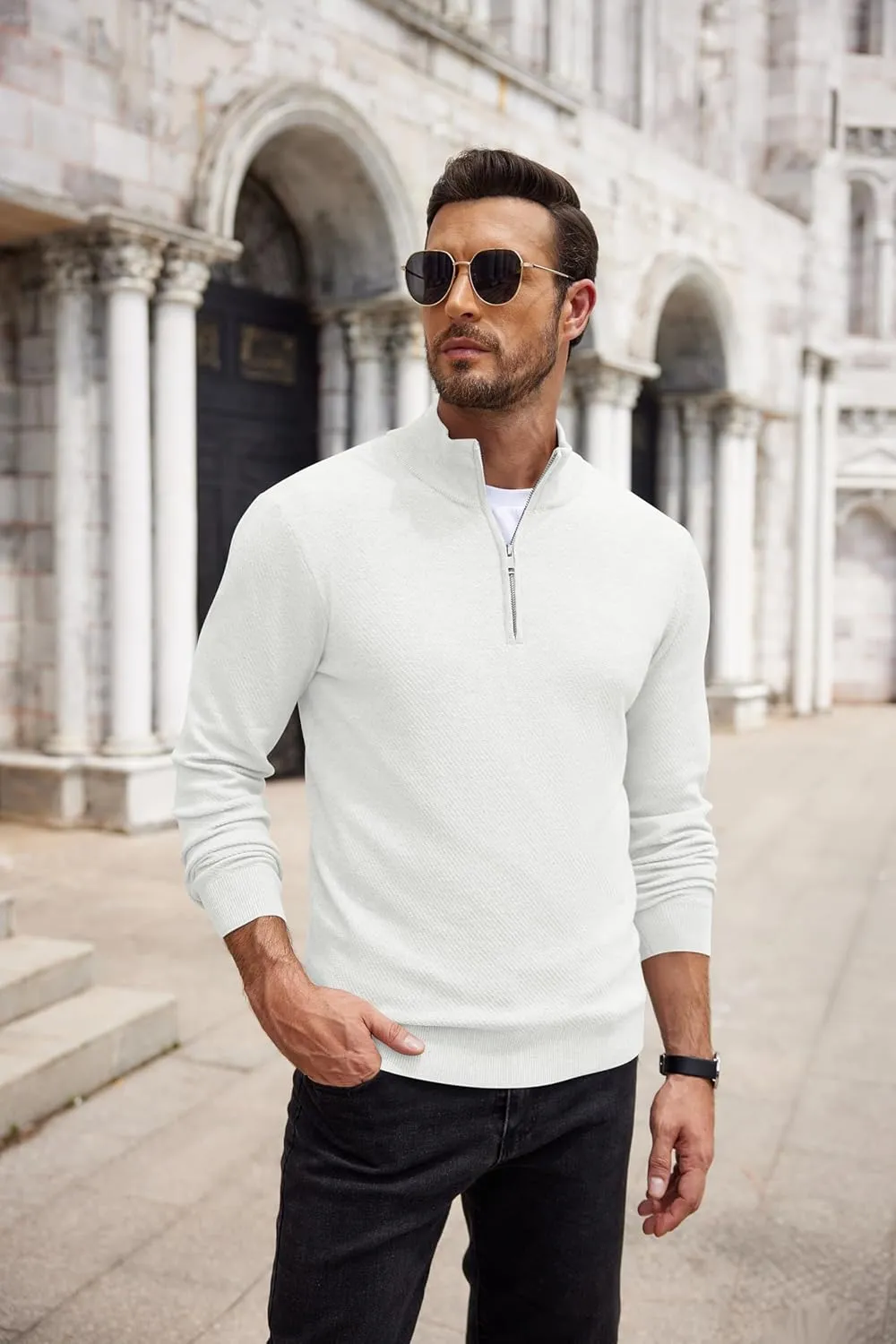 COOFANDY Men's Quarter Zip Up Sweaters Slim Fit Casual Long Sleeve Knitted Mock Neck Pullover Sweaters