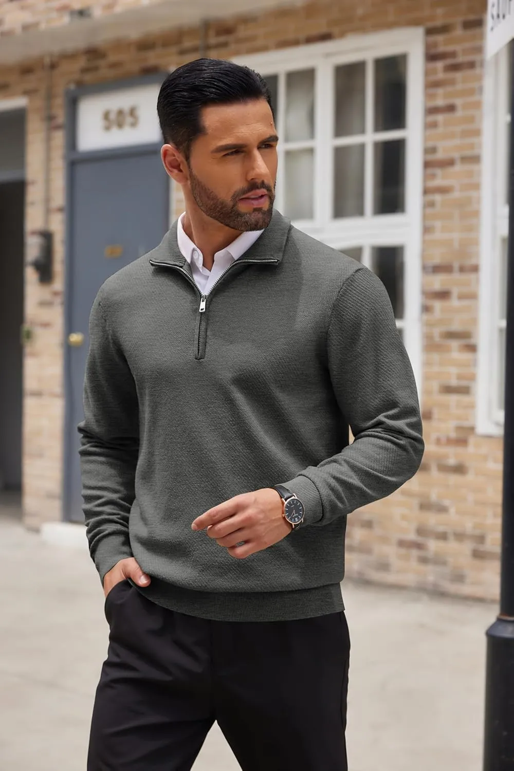 COOFANDY Men's Quarter Zip Up Sweaters Slim Fit Casual Long Sleeve Knitted Mock Neck Pullover Sweaters