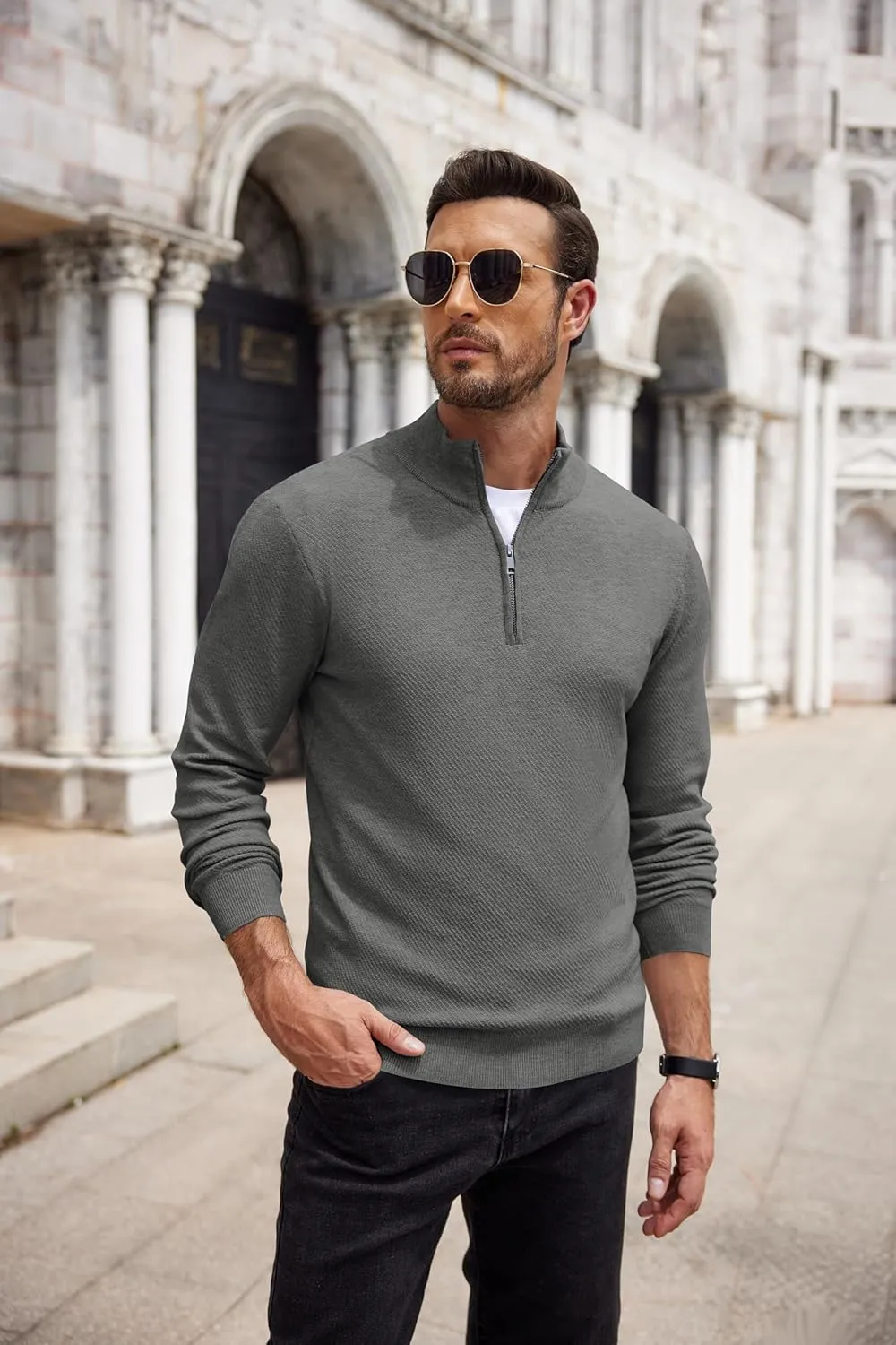 COOFANDY Men's Quarter Zip Up Sweaters Slim Fit Casual Long Sleeve Knitted Mock Neck Pullover Sweaters