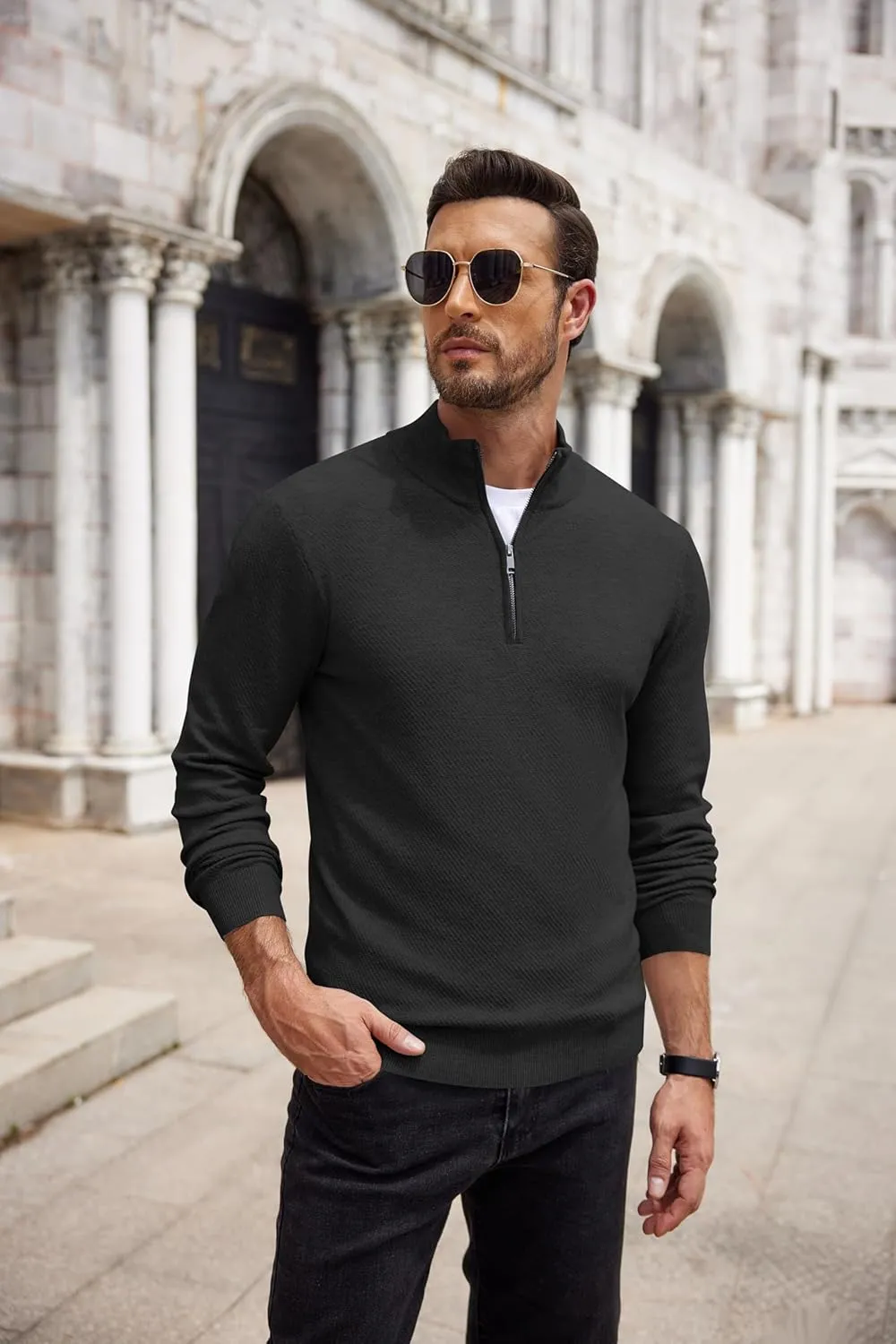 COOFANDY Men's Quarter Zip Up Sweaters Slim Fit Casual Long Sleeve Knitted Mock Neck Pullover Sweaters