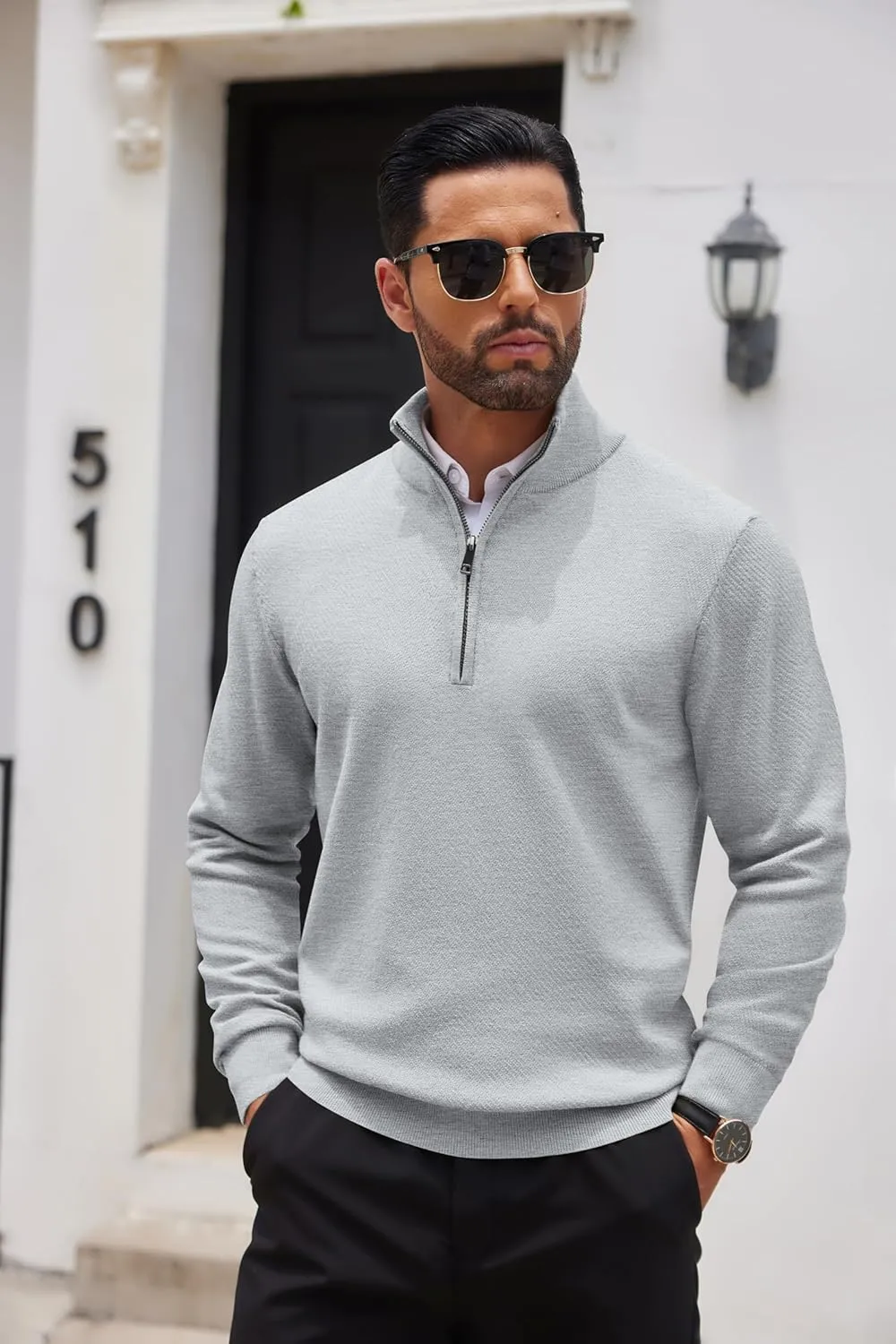 COOFANDY Men's Quarter Zip Up Sweaters Slim Fit Casual Long Sleeve Knitted Mock Neck Pullover Sweaters