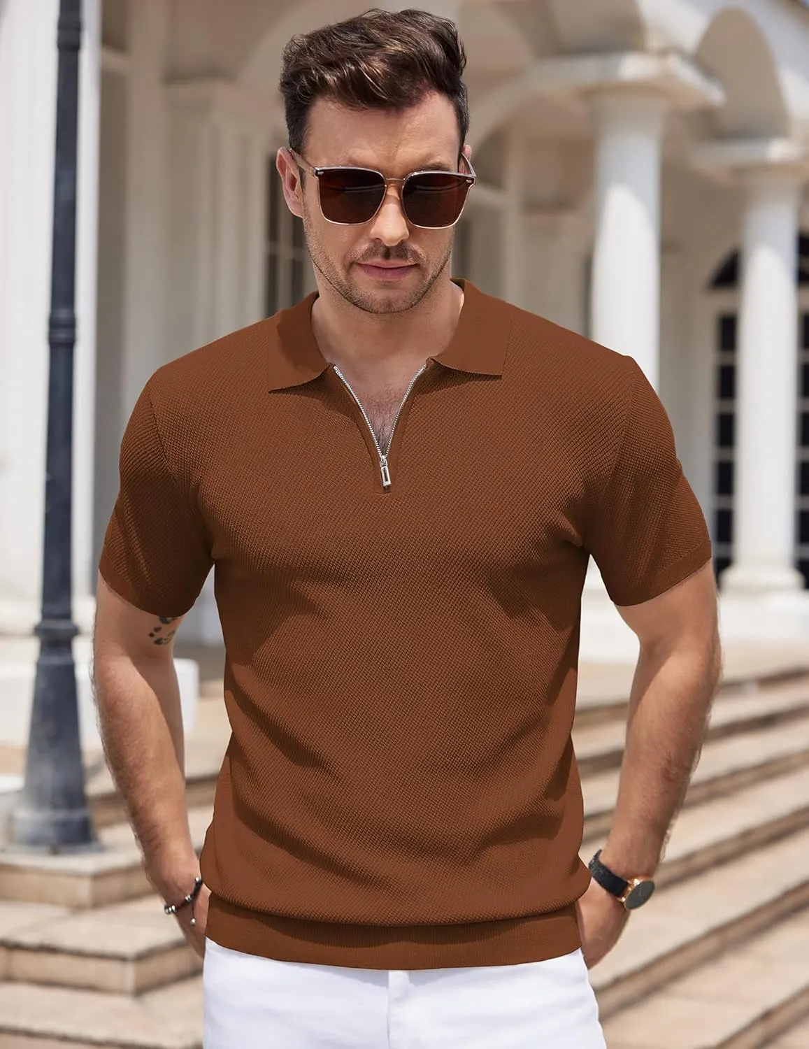 COOFANDY Mens Textured Knit Polo Shirts Zipper Polo Shirts Short Sleeve Casual Lightweight Golf Shirt