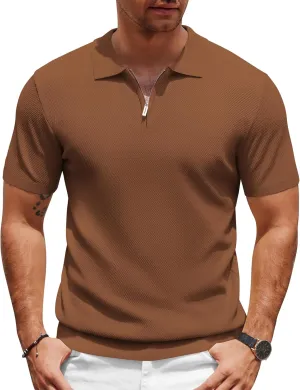 COOFANDY Mens Textured Knit Polo Shirts Zipper Polo Shirts Short Sleeve Casual Lightweight Golf Shirt
