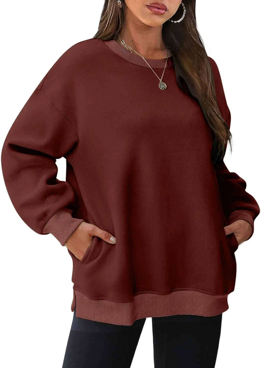 Crewneck Sweatshirts for Women Oversized Patchwork Casual Trendy Fall Tops Long Sleeve Pullover Sweaters with Pockets