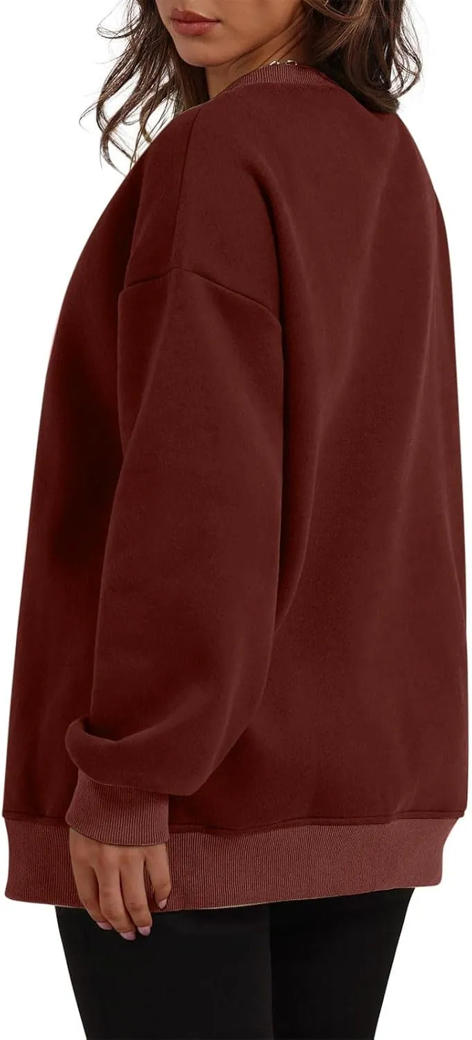 Crewneck Sweatshirts for Women Oversized Patchwork Casual Trendy Fall Tops Long Sleeve Pullover Sweaters with Pockets