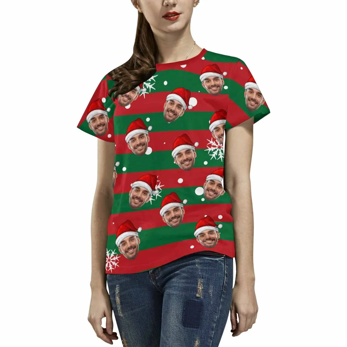 Custom Face Tee Merry Christmas Women's All Over Print T-shirt Design Your Own Shirts Gift for Christmas