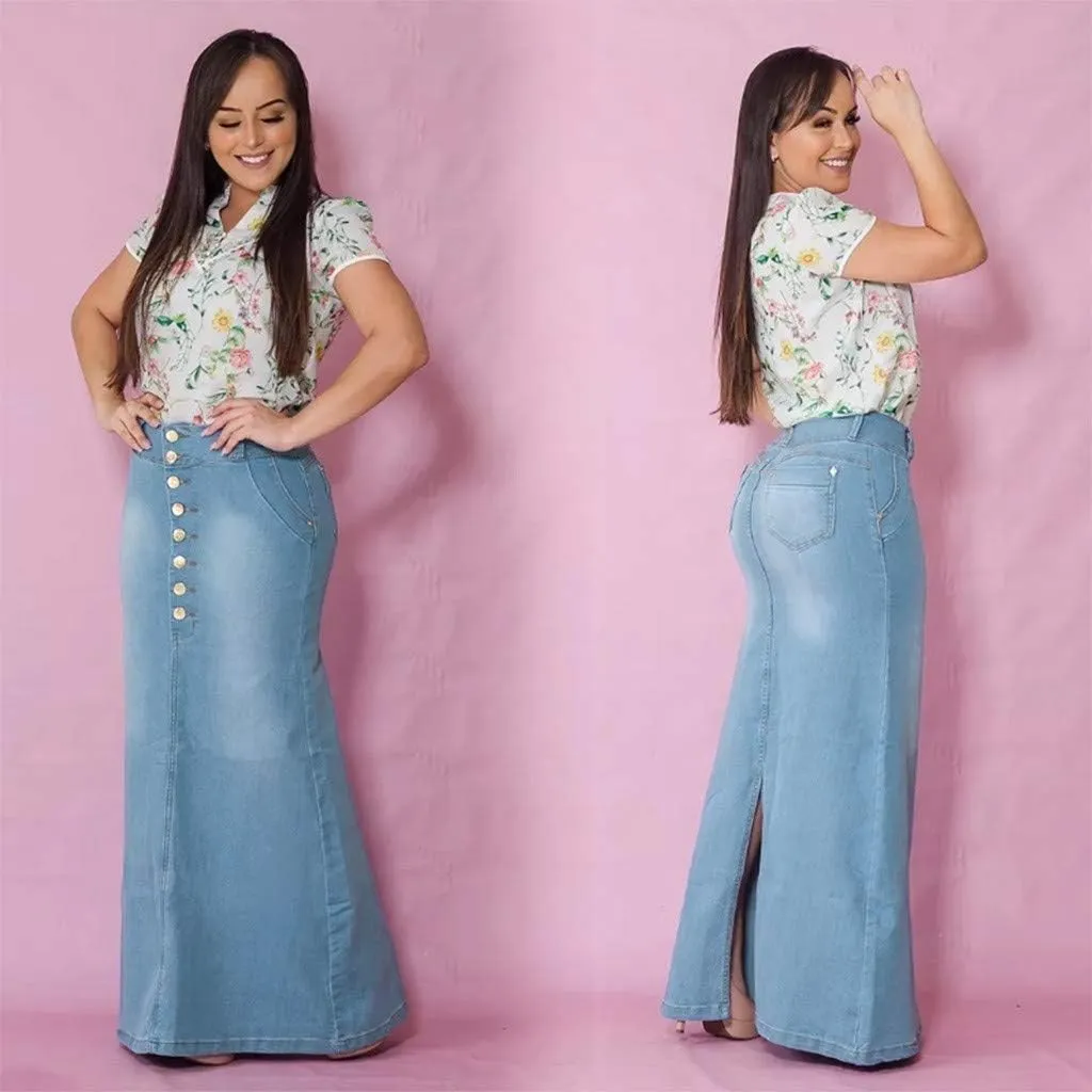 Denim Skirt for Women High Waisted A-Line Button Wrap Denim Jean Skirt Mini Skirts Stretch Ripped Skirts
