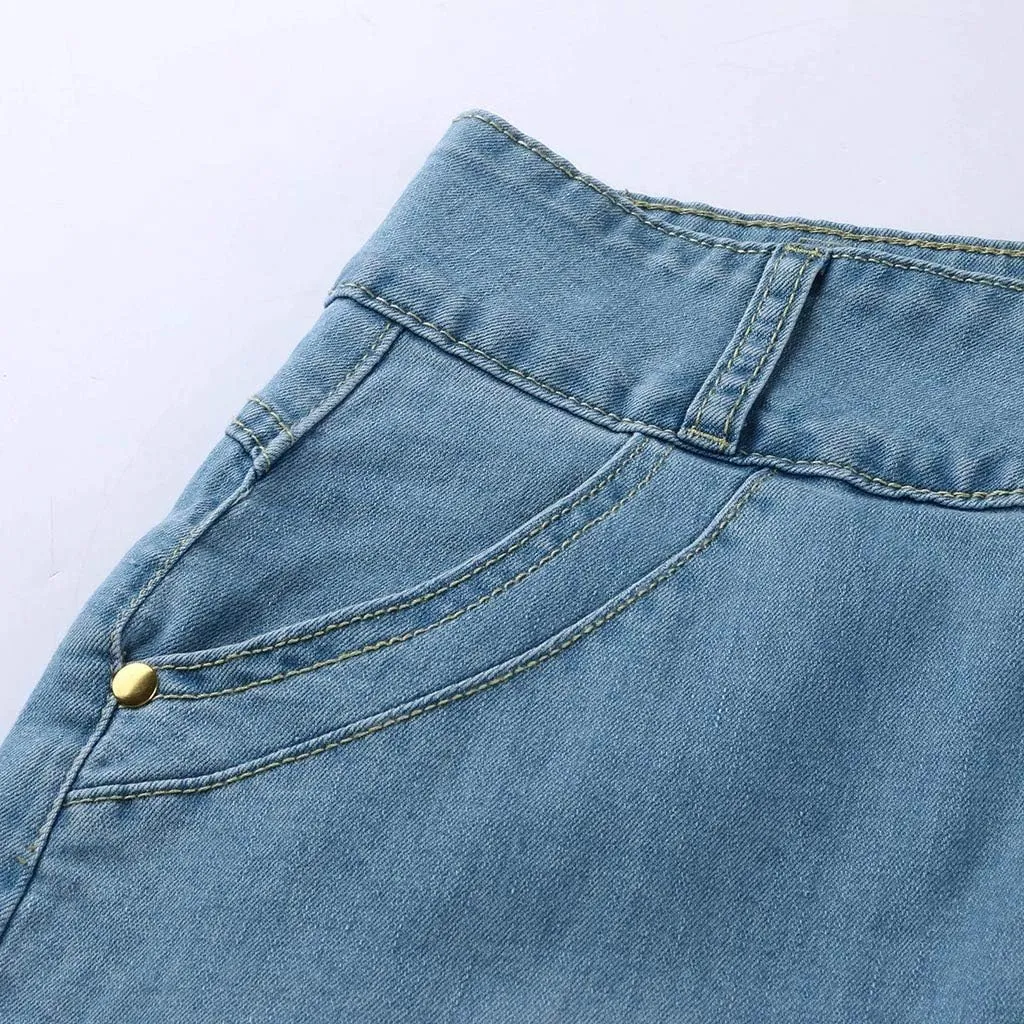 Denim Skirt for Women High Waisted A-Line Button Wrap Denim Jean Skirt Mini Skirts Stretch Ripped Skirts