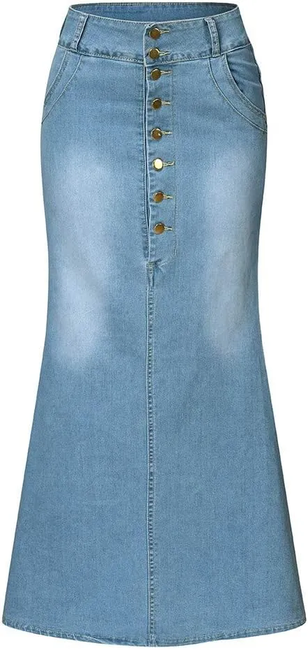 Denim Skirt for Women High Waisted A-Line Button Wrap Denim Jean Skirt Mini Skirts Stretch Ripped Skirts