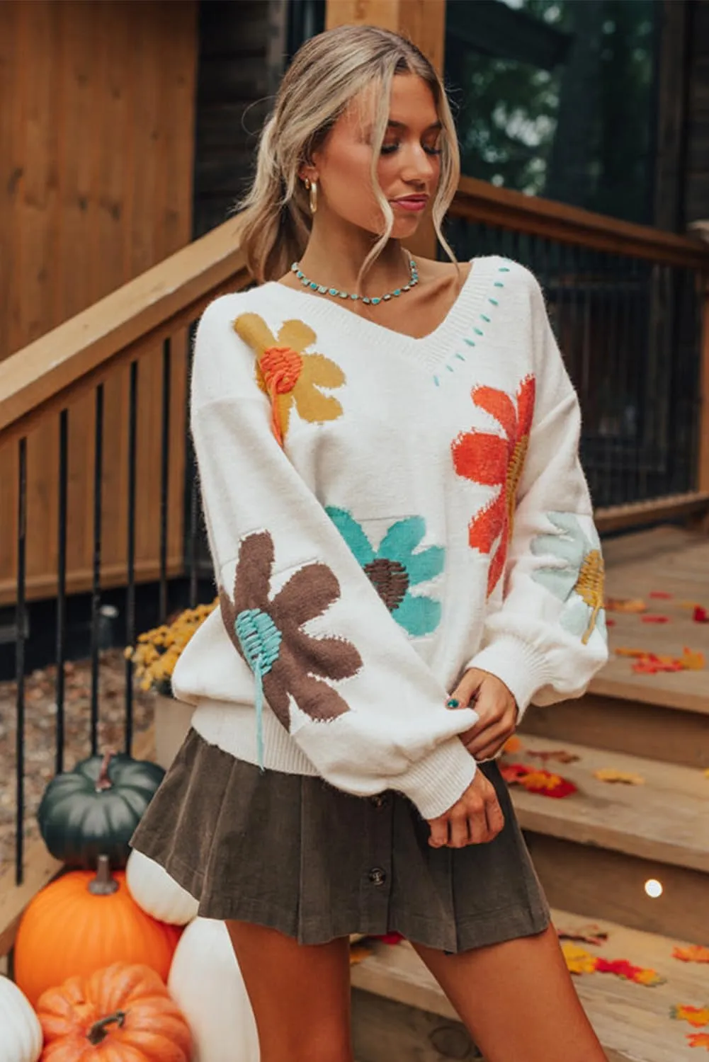 EARKOHA Womens Winter Sweater Top 2024 Long Sleeve Fall Casual V Neck Coffee Big Flower Pattern V Neck Drop Shoulder Sweater