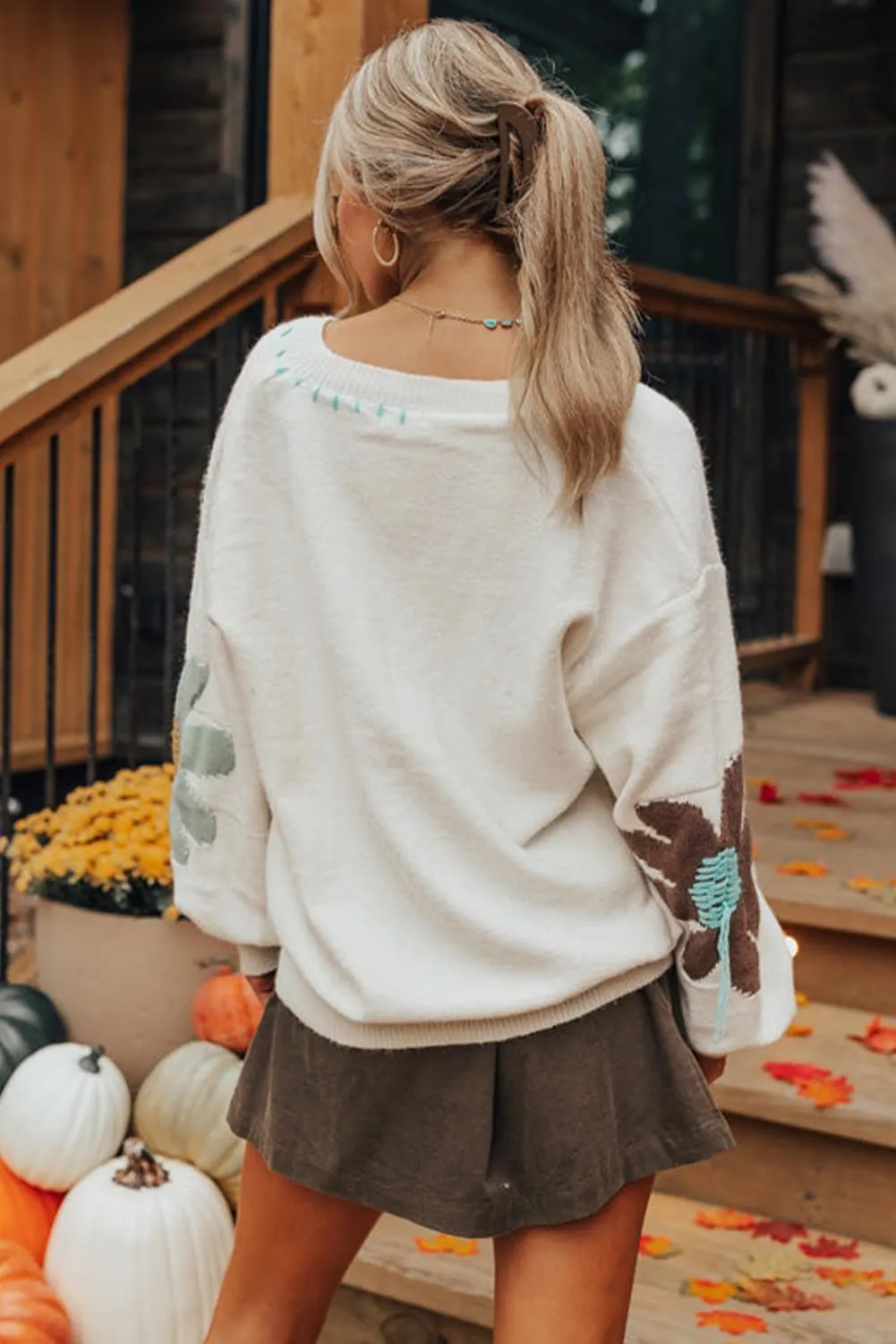 EARKOHA Womens Winter Sweater Top 2024 Long Sleeve Fall Casual V Neck Coffee Big Flower Pattern V Neck Drop Shoulder Sweater