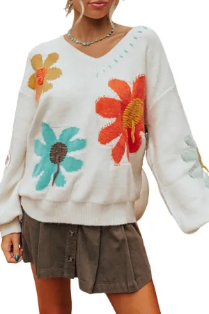 EARKOHA Womens Winter Sweater Top 2024 Long Sleeve Fall Casual V Neck Coffee Big Flower Pattern V Neck Drop Shoulder Sweater