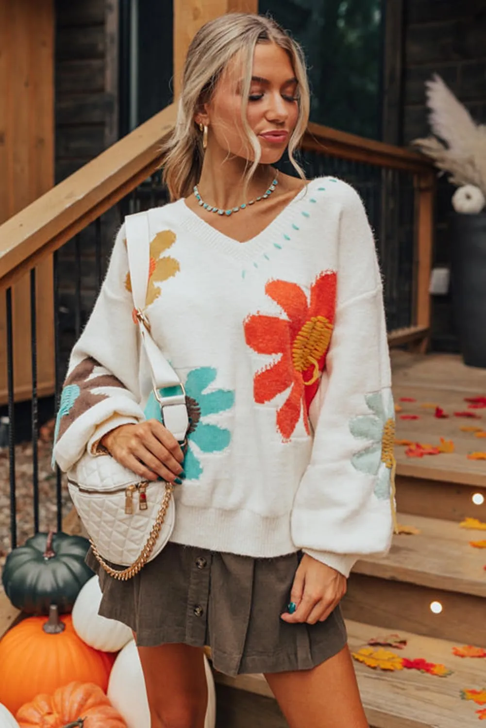 EARKOHA Womens Winter Sweater Top 2024 Long Sleeve Fall Casual V Neck Coffee Big Flower Pattern V Neck Drop Shoulder Sweater