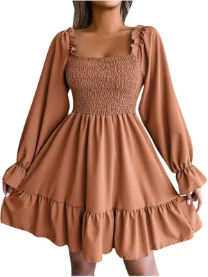 Fall Dresses for Women 2022 Square Neck Long Ruffle Sleeve V Neck Elastic Waist Short Skater Casual Mini Dresses