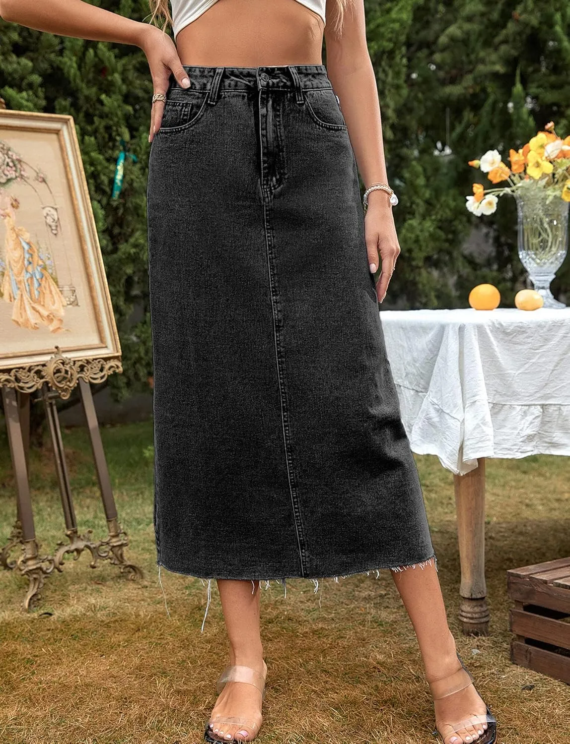 FEOYA Denim Skirt for Women Casual High Waist Midi/Mini Bodycon Skirt with Pockets Frayed Hem A Line Jean Skirts
