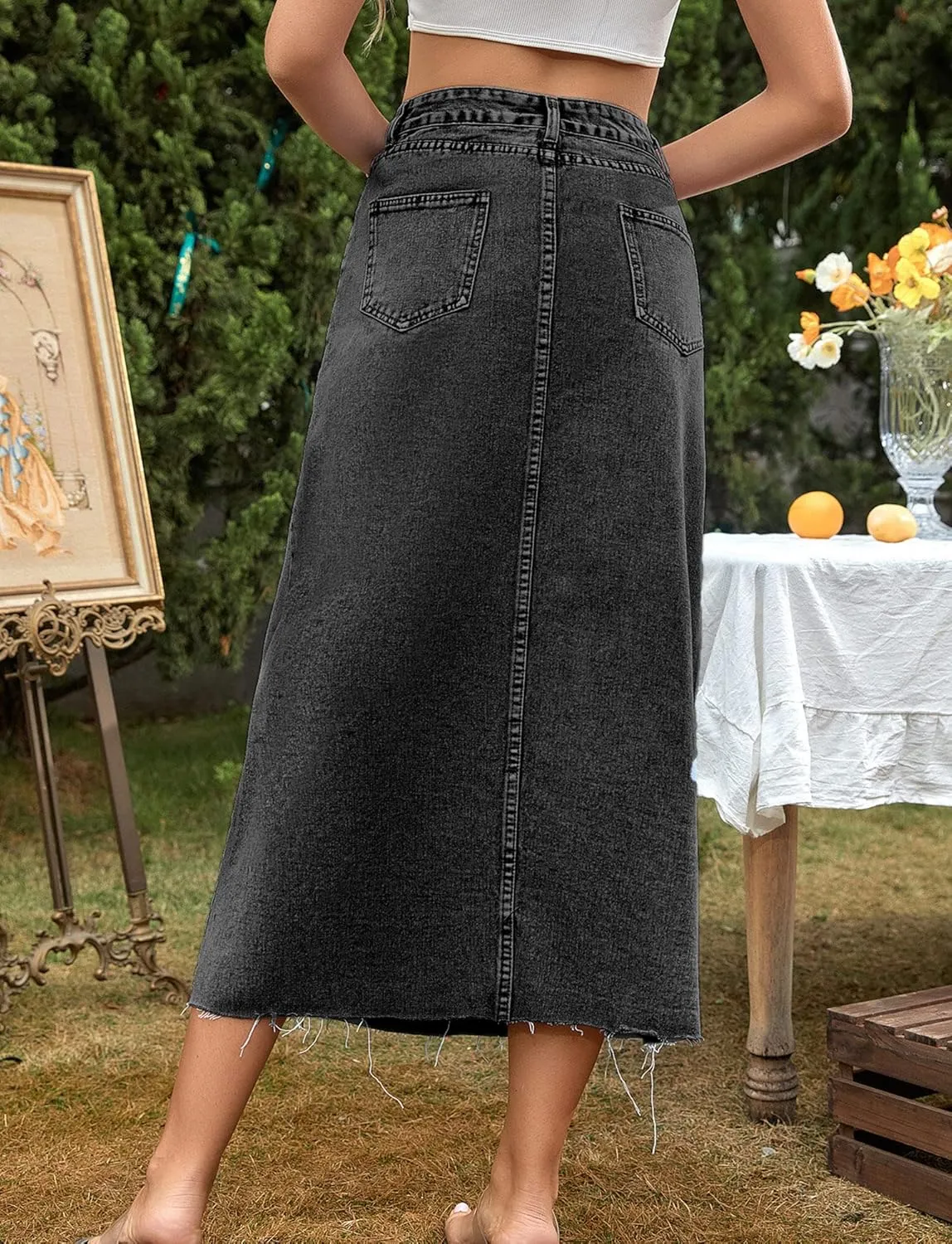 FEOYA Denim Skirt for Women Casual High Waist Midi/Mini Bodycon Skirt with Pockets Frayed Hem A Line Jean Skirts