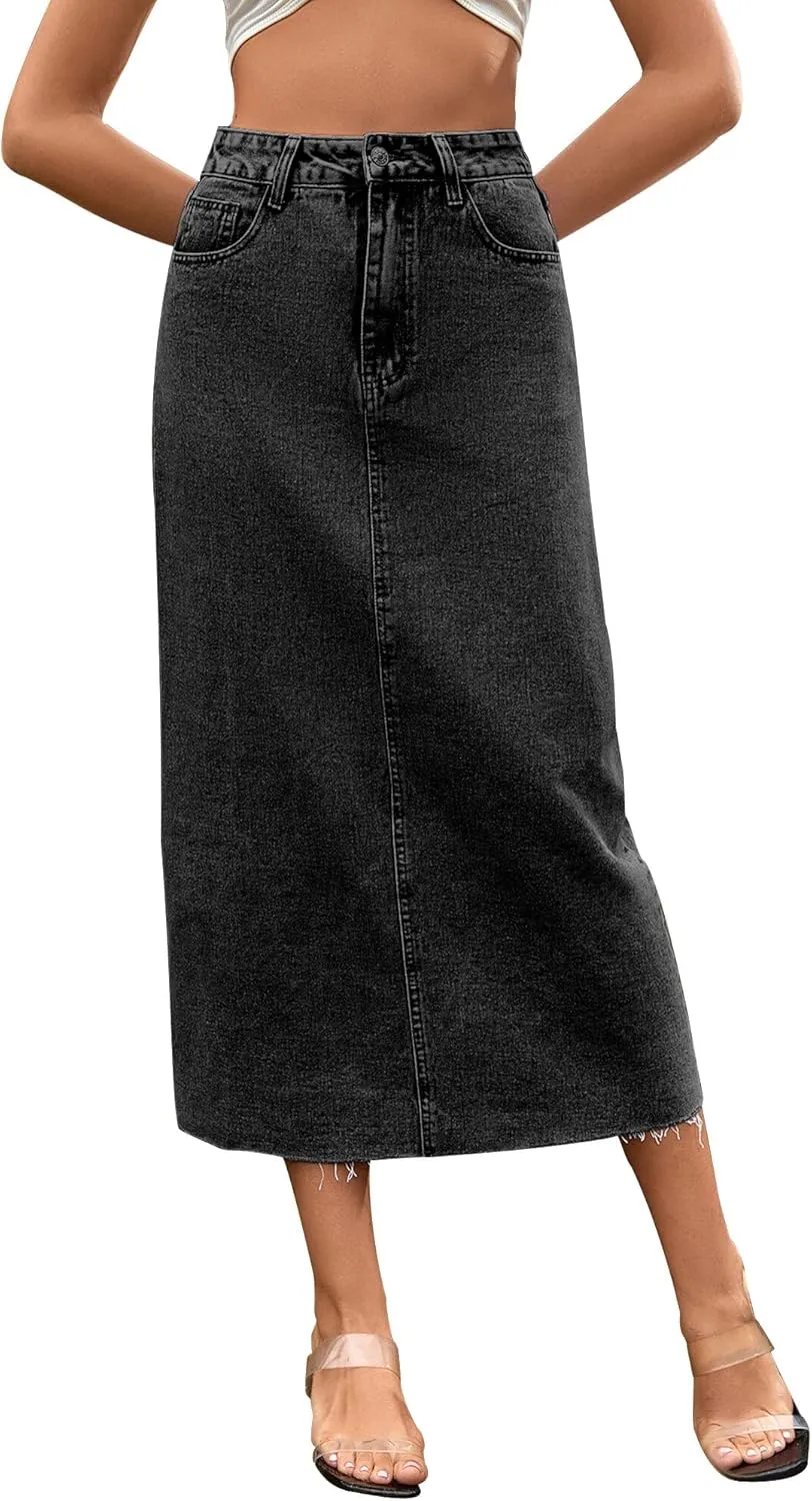 FEOYA Denim Skirt for Women Casual High Waist Midi/Mini Bodycon Skirt with Pockets Frayed Hem A Line Jean Skirts