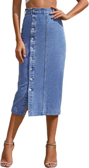 FEOYA Denim Skirt for Women Casual High Waist Midi/Mini Bodycon Skirt with Pockets Frayed Hem A Line Jean Skirts