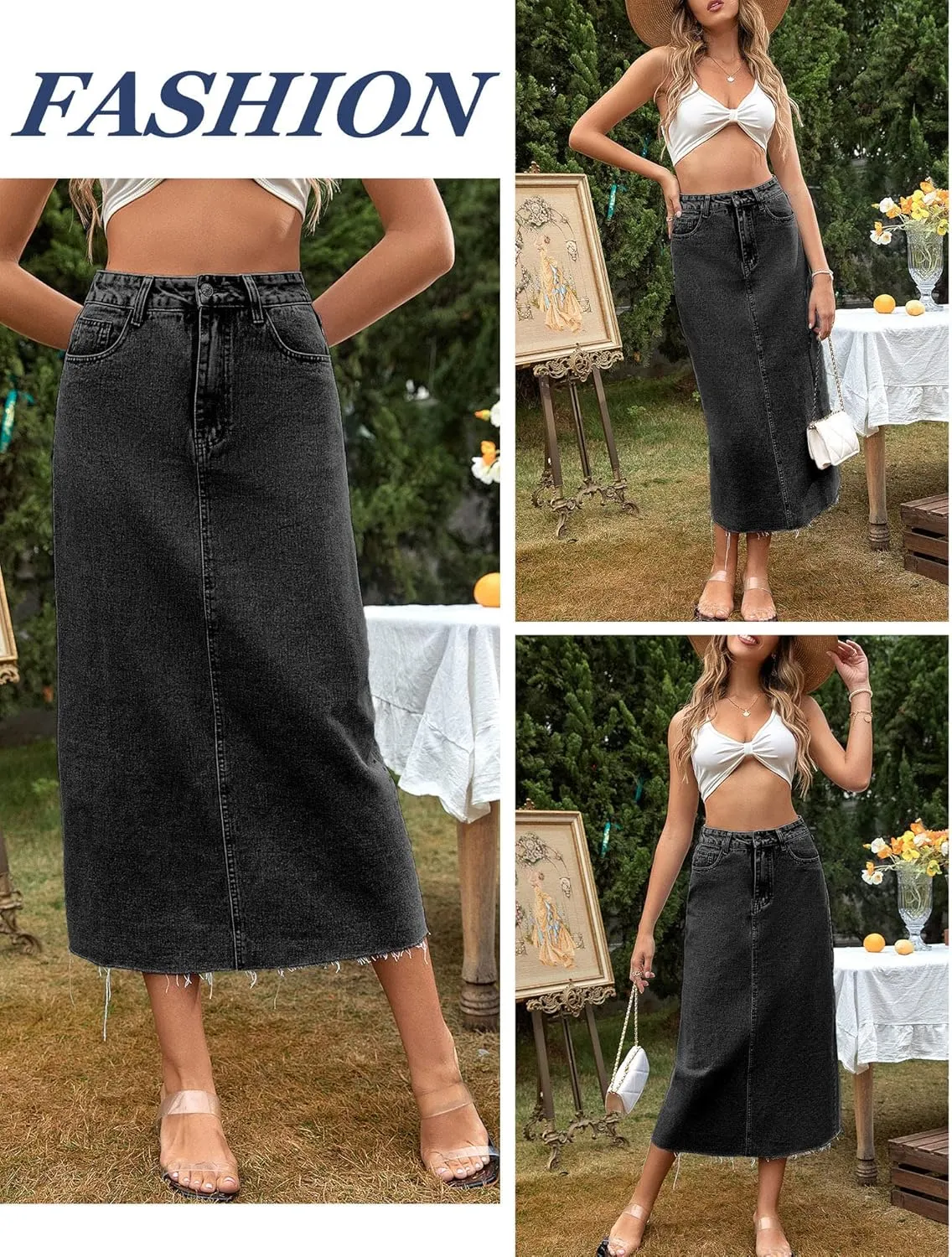 FEOYA Denim Skirt for Women Casual High Waist Midi/Mini Bodycon Skirt with Pockets Frayed Hem A Line Jean Skirts