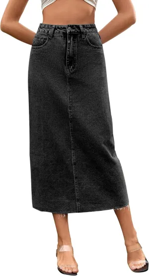 FEOYA Denim Skirt for Women Casual High Waist Midi/Mini Bodycon Skirt with Pockets Frayed Hem A Line Jean Skirts