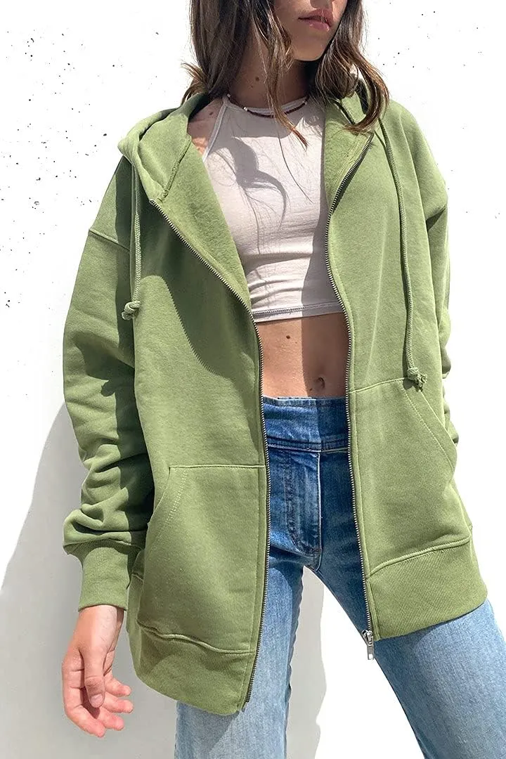 FOMOYUU Women Oversized Zip Up Hoodie E-girl Baggy Loose Solid Hooded Sweatshirt Jacket Outwear Casual Coat