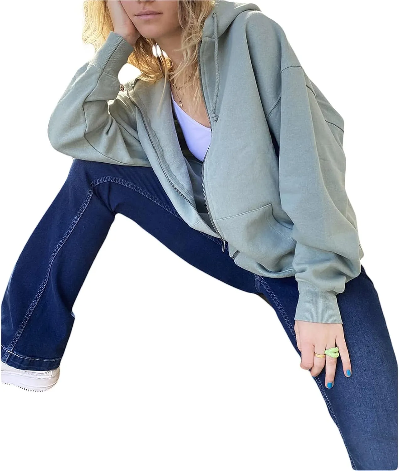 FOMOYUU Women Oversized Zip Up Hoodie E-girl Baggy Loose Solid Hooded Sweatshirt Jacket Outwear Casual Coat