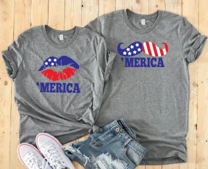 Fourth Of July Couples T Shirts- Merica Lips or Mustache - Celebrate America - Independence Day - Matching Set