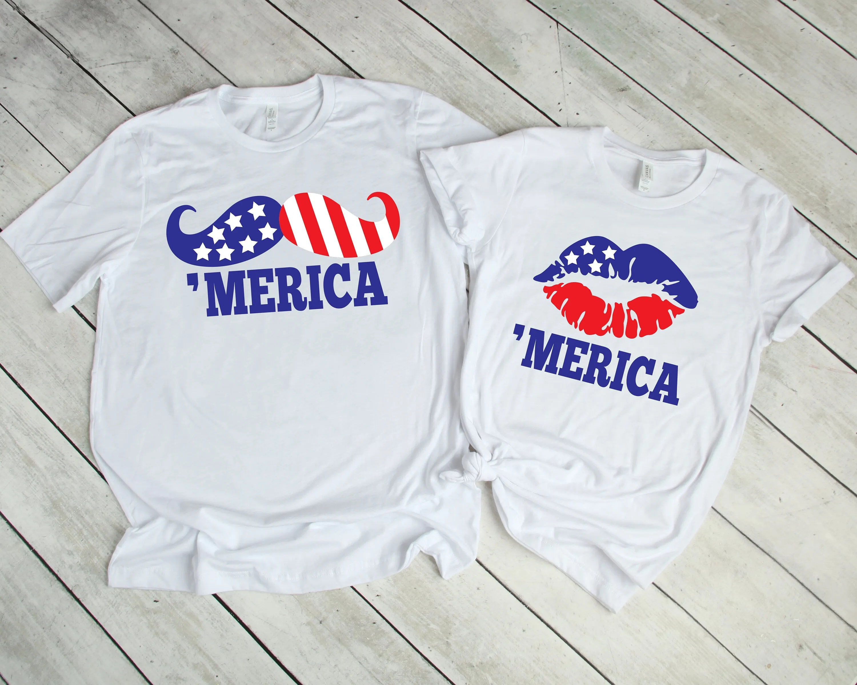 Fourth Of July Couples T Shirts- Merica Lips or Mustache - Celebrate America - Independence Day - Matching Set
