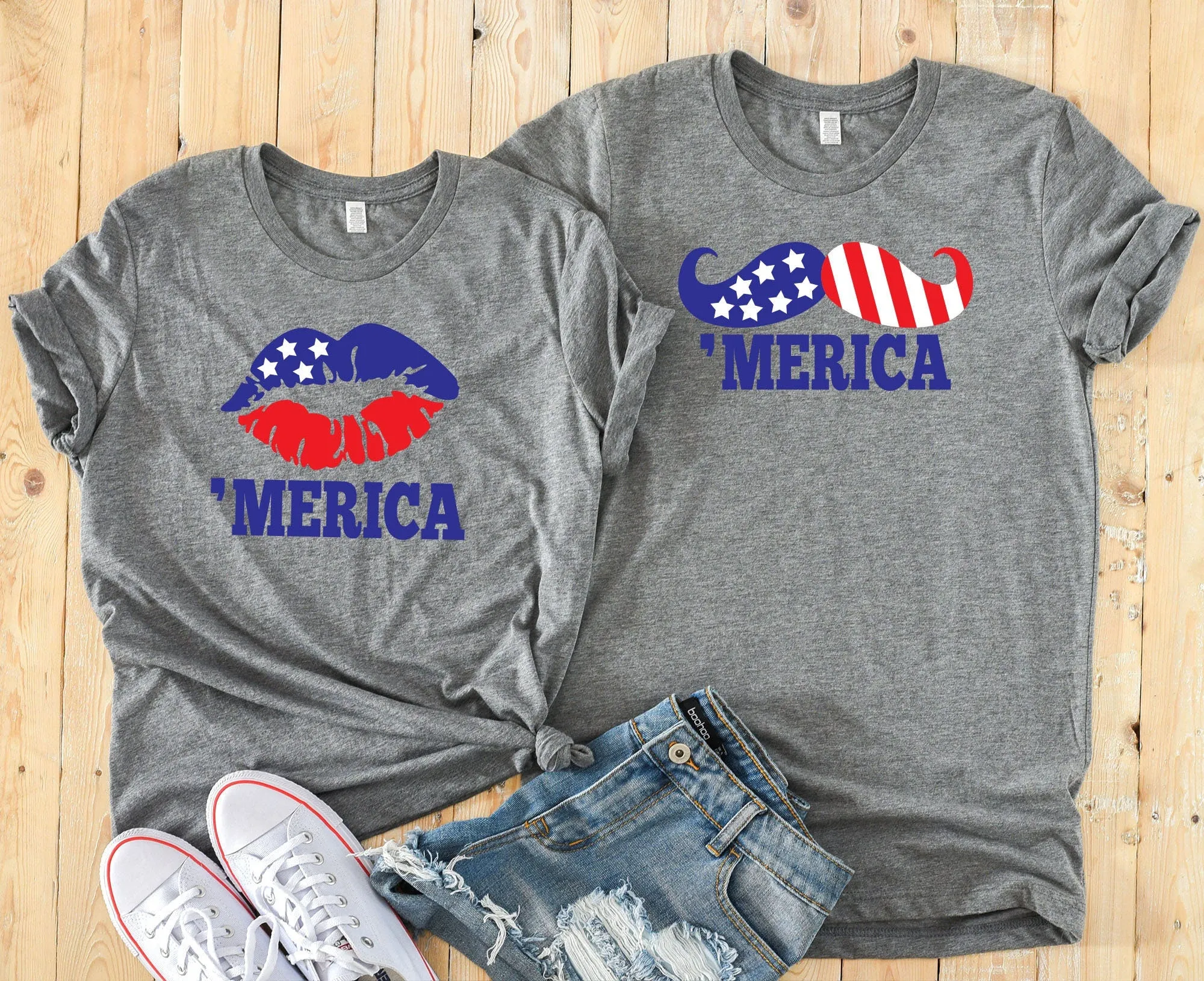 Fourth Of July Couples T Shirts- Merica Lips or Mustache - Celebrate America - Independence Day - Matching Set