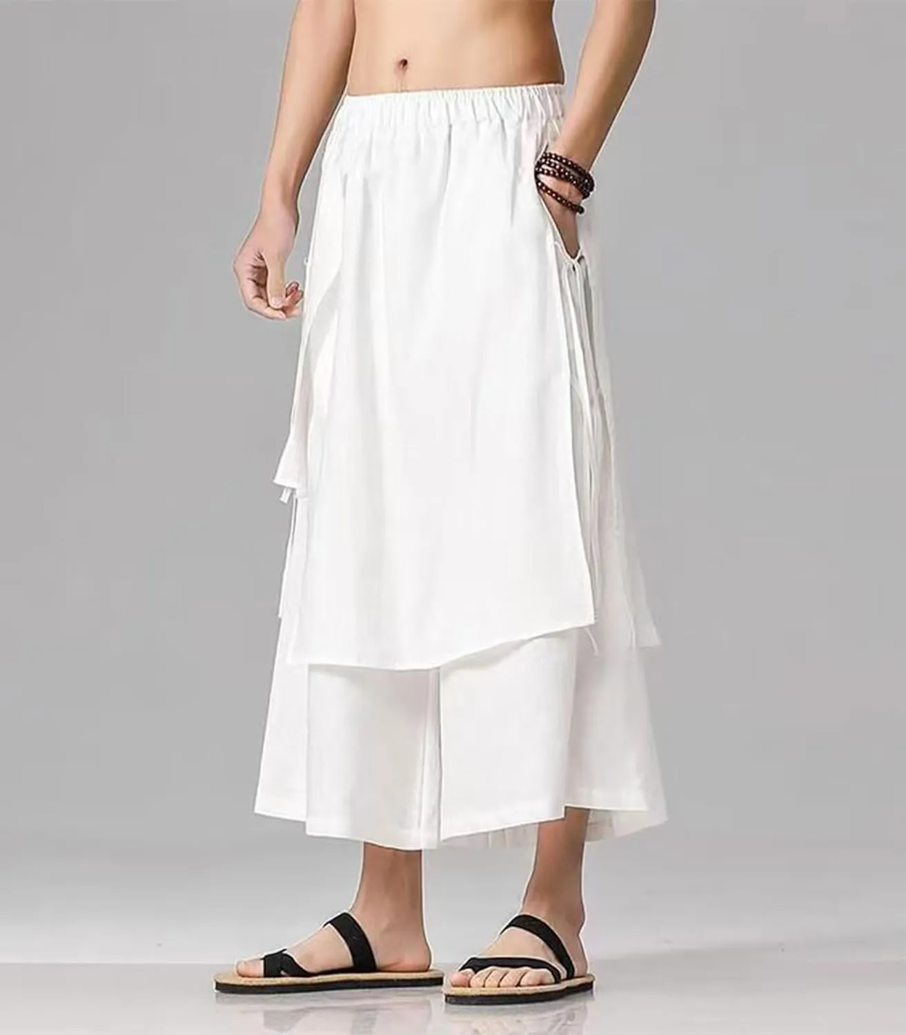 FTIMILD Men's Casual Japanese Wide Leg Harem Pants Baggy Elastic Waist Skirt Pants Leightweight Breathable Pnats