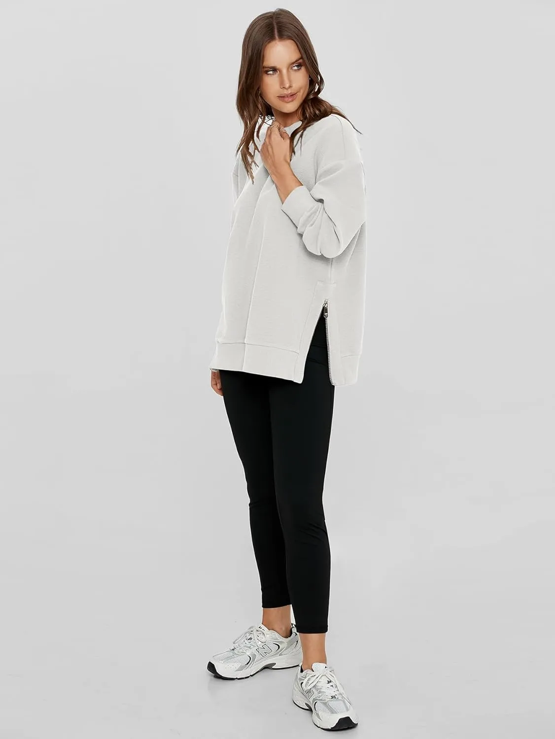 Glamaker Womens Oversized Sweatshirts Crewneck Side Zipper Pollover Long Sleeve Hoodie Sweaters 2024 Fall Clothes