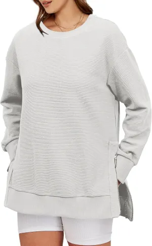 Glamaker Womens Oversized Sweatshirts Crewneck Side Zipper Pollover Long Sleeve Hoodie Sweaters 2024 Fall Clothes
