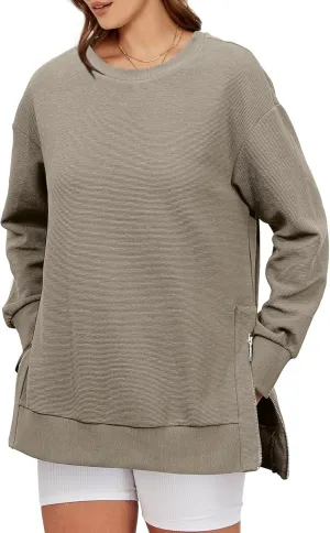 Glamaker Womens Oversized Sweatshirts Crewneck Side Zipper Pollover Long Sleeve Hoodie Sweaters 2024 Fall Clothes
