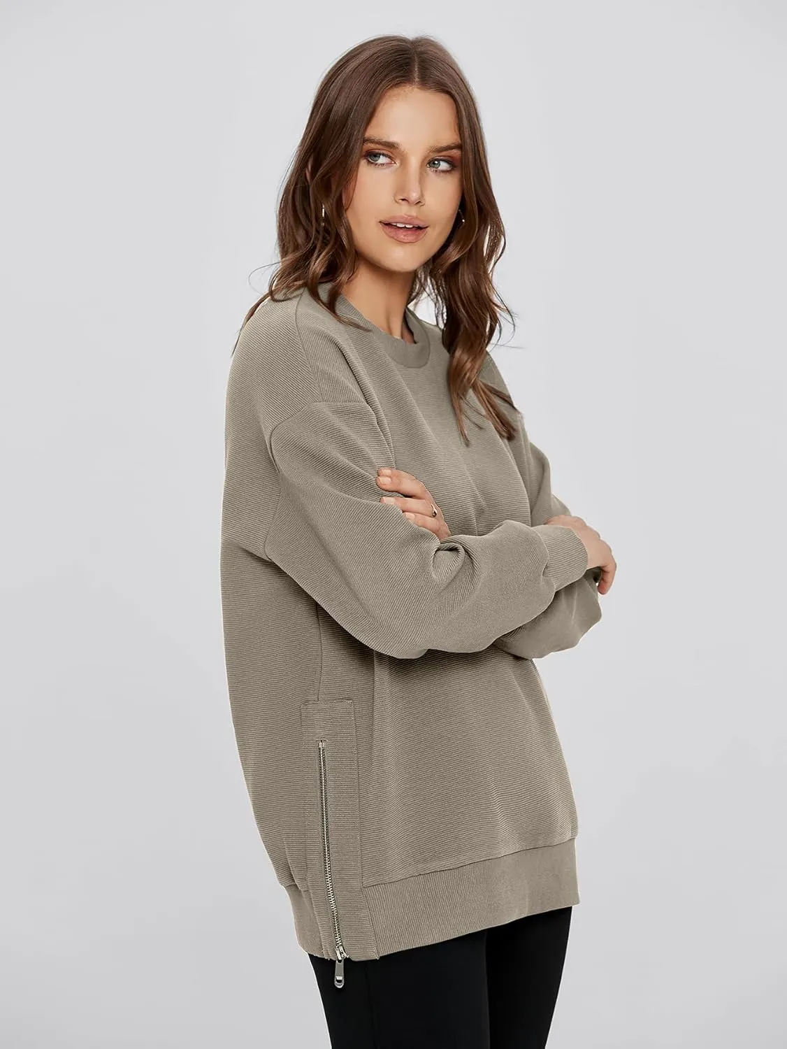 Glamaker Womens Oversized Sweatshirts Crewneck Side Zipper Pollover Long Sleeve Hoodie Sweaters 2024 Fall Clothes