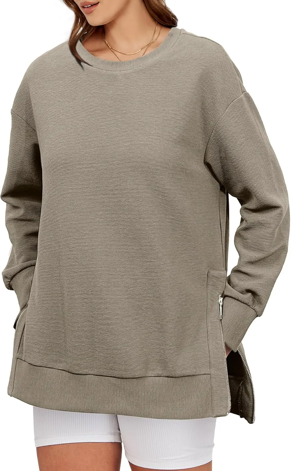 Glamaker Womens Oversized Sweatshirts Crewneck Side Zipper Pollover Long Sleeve Hoodie Sweaters 2024 Fall Clothes