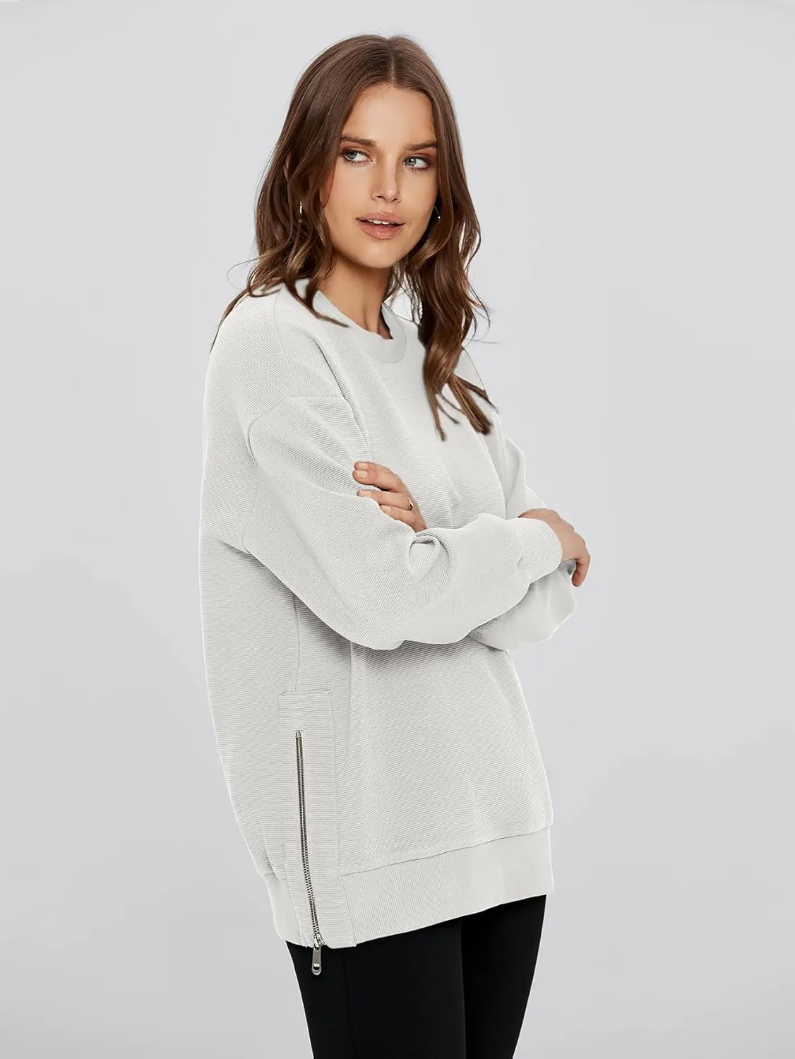 Glamaker Womens Oversized Sweatshirts Crewneck Side Zipper Pollover Long Sleeve Hoodie Sweaters 2024 Fall Clothes